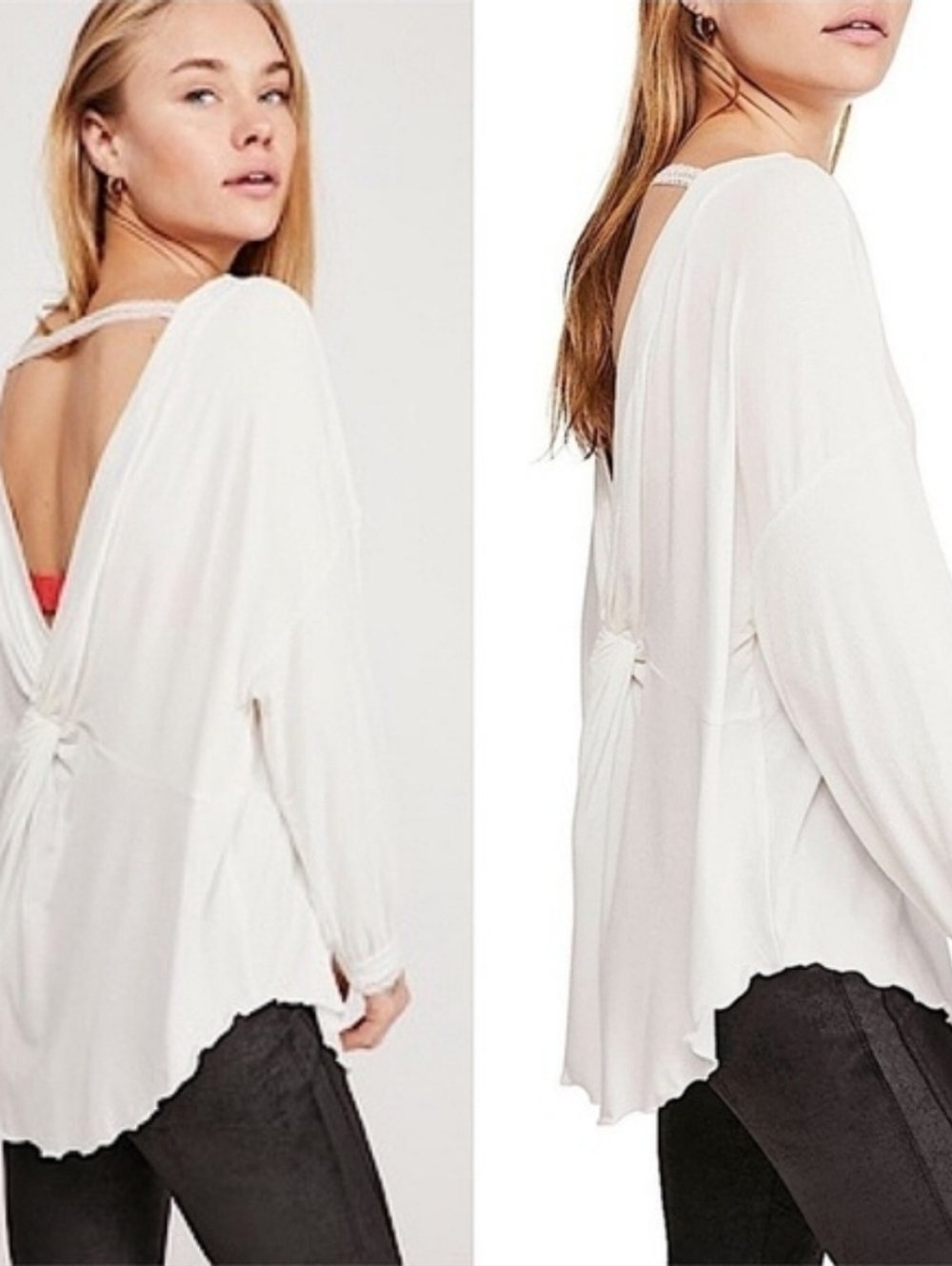 Free People White Long-Sleeve Boatneck Ribbed Oversized Tunic Top Size Large